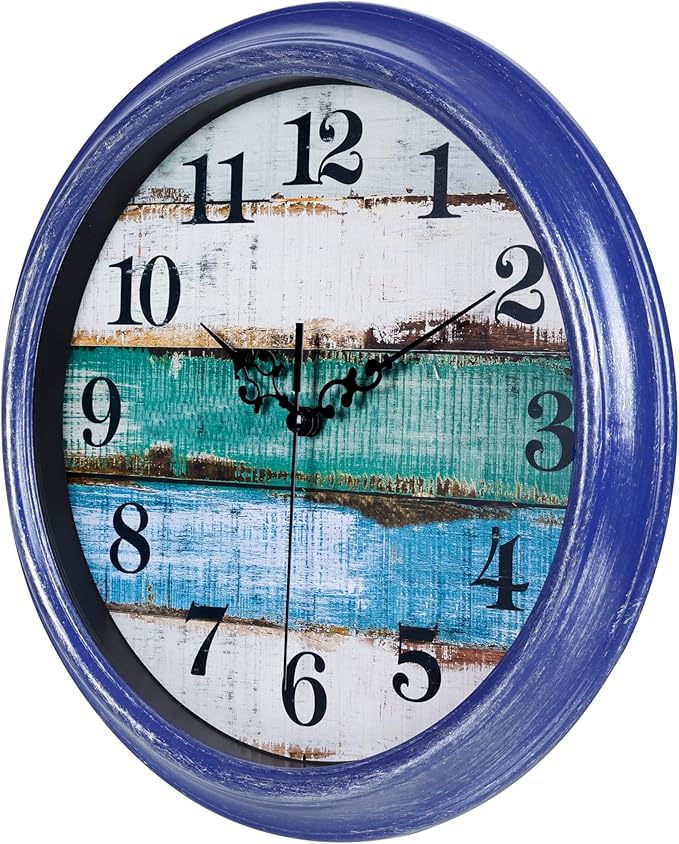 Wall Clocks Battery Operated 12Inch Silent Vintage Rustic Coastal Wall Clock for Kitchen Bedroom Bathroom (Blue)