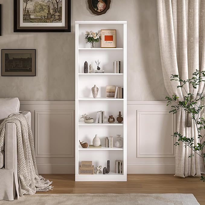 Tall Bookshelf, 6-Tier Bookcase with 2 Adjustable Shelves, Modern Farmhouse Storage for Living Room, Entryway, Office, 23.6" W x 74.8" H x 10.6" D, White