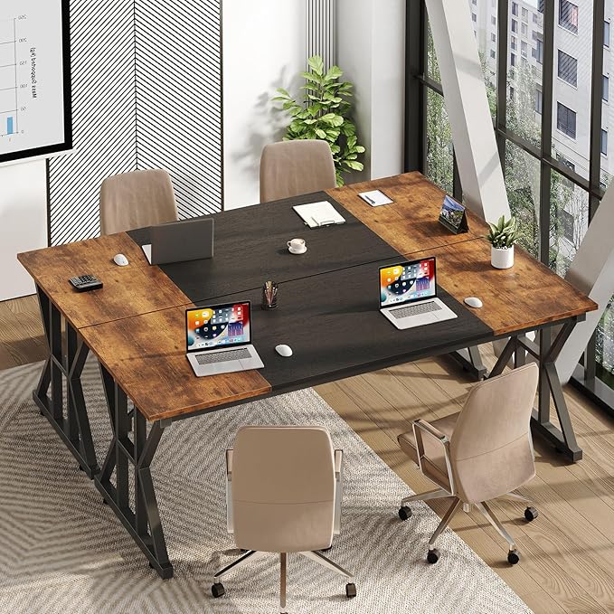 TVU 63-Inch Executive Desk, Large Office Desk with Thicken Frame, Computer Desk Modern Simple Desk for Home Office, Rustic Brown/Black