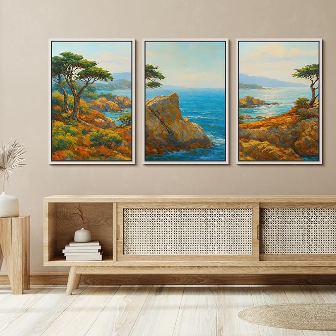SIGNFORD Framed Wall Art Print Set Bright Coastal Cliffs and Ocean View Vibrant Seascape Digital Art Modern Art Contemporary for Living Room, Bedroom, Office - 24"x36"x3 White
