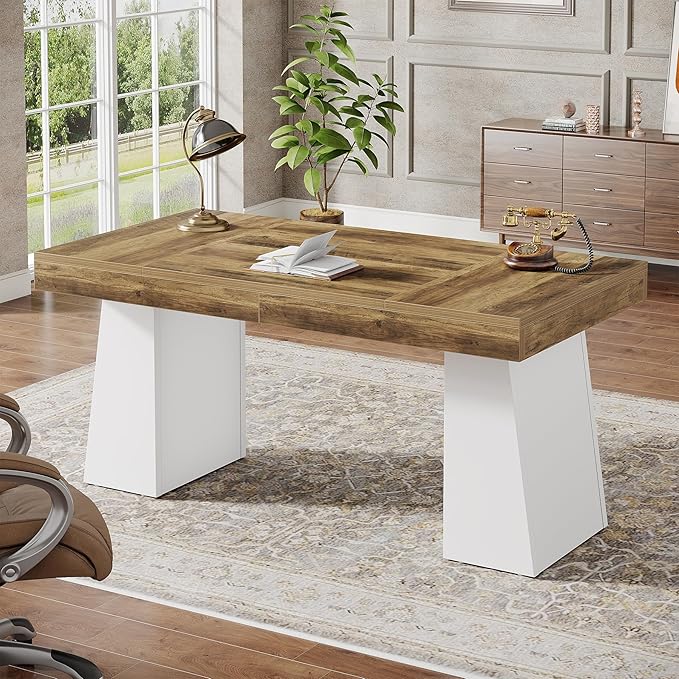 Tribesigns 55 Inches Executive Desk, Mid-Century Modern Home Office Desk, Wood Computer Table Business Workstation Small Conference Table, White & Brown