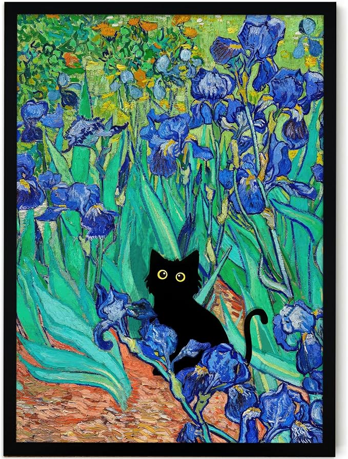 Fantasy Artists Van Gogh Irises Cat Wall Art, Framed Vintage Garden Canvas Wall Decor, Funny Black Cat Poster Prints, Paintings,Bathroom,bedroom,Living Room Artwork Decorations 16" Wide X 24" Height
