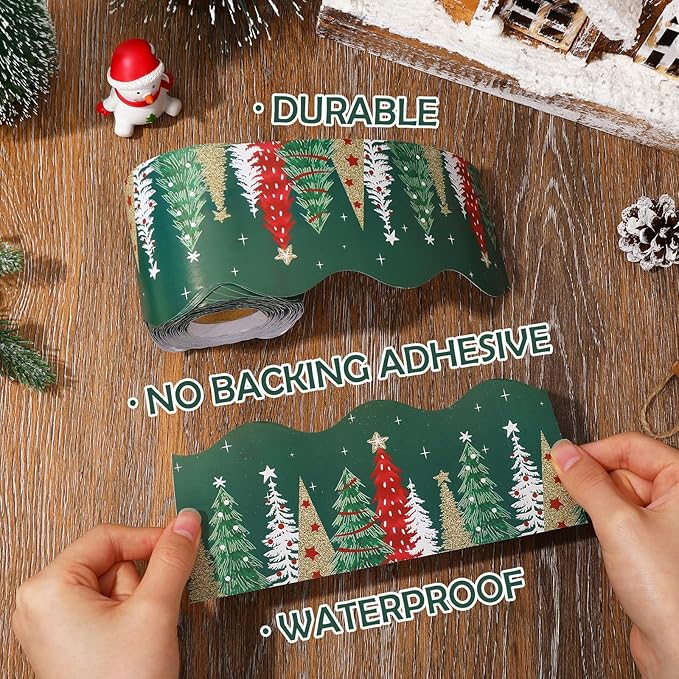 65Ft Christmas Bulletin Board Border Xmas Pine Tree Green Scalloped Die Cut Border Trim Roll for Home Classroom Party Wall Decoration