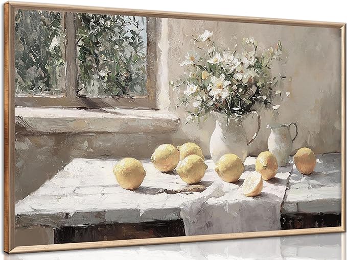 Vintage Kitchen Wall Art Yellow Lemon Still Life Pictures Daisy oil Painting Poster Rustic Farmhouse Artwork Posters White vase Canvas Bedroom Bathroom Wall Decor Kitchen Prints unframe 12x24in