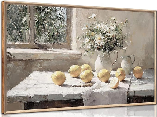 Vintage Kitchen Wall Art Yellow Lemon Still Life Pictures Daisy oil Painting Poster Rustic Farmhouse Artwork Posters White vase Canvas Bedroom Bathroom Wall Decor Kitchen Prints unframe 12x24in