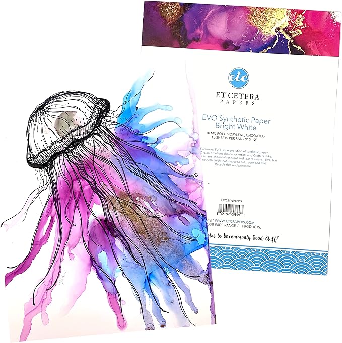 Alcohol Ink Paper - Non-Absorbent, Heavy Weight & Tear Resistant - Forgiving - Many Inks Wipe Off Clean For Easy Reuse On White - Flexible Bright White EVO 9x12 Inch (10 Sheets)