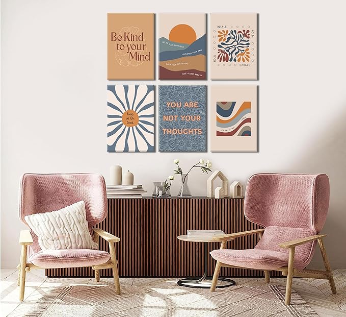 6Pcs Mental Health Wall Art Motivational Psychology Canvas Painting Therapy Office Pictures Wall Decor Boho Style Inspirational Positive Quotes Posters Prints for Home Counseling Office Framed