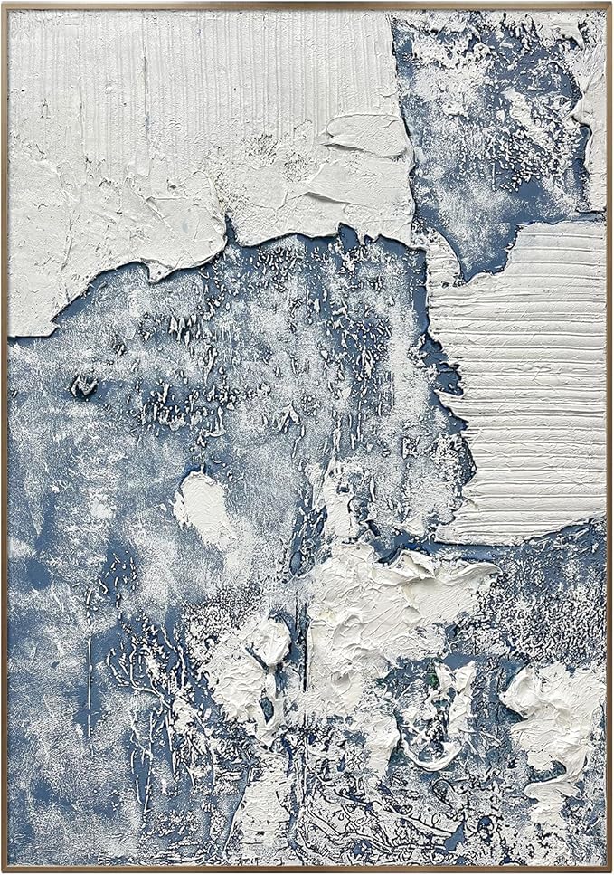 BrightA Office wall decorations with grand style. Large abstract hand-painted texture relief artworks, presenting the artistic charm of blue and white 39.4"x59"