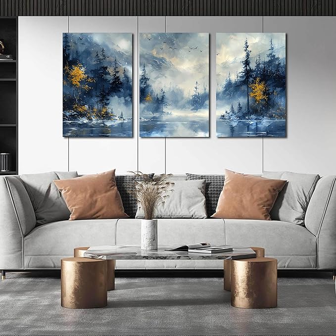 SIXTTART Trees Canvas Wall Art for Living Room - Blue Forest Wall Decor Office - 3 Piece Pictures Wall Art Size 16" x 24"
