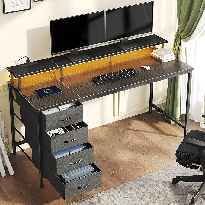 DUMOS Computer Desk with 4 Drawers,4 Drawer Gaming Desk with with Power Outlets and LED Lights,Office Desk for Small Spaces with Monitor Shelf,Writing Desk for Home Office, Bedroom,Study 39 Inch Black