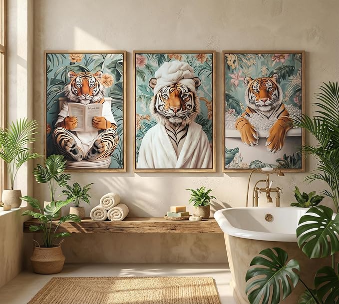 3pcs Funny Bathroom Tiger Canvas Wall Art Boho Tropical Botanical Tiger Reading Newspaper On Toilet Posters Prints Animal In Bathtub Wall Decor Pictures for Bathroom Decoration Unframed