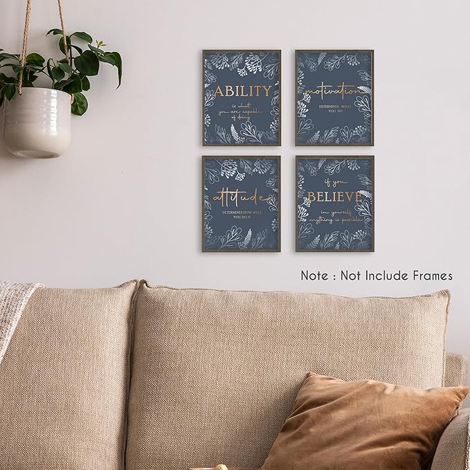 HRQKO Office Motivational Wall Art Poster Prints Set of 4, Inspirational Quotes, Gold Artwork for Walls, Affirmation Decor for Women Men 8"x10" Unframed
