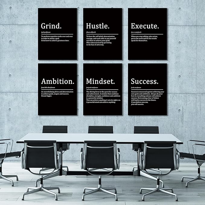 COSCTOR Set of 6 Grind Hustle Execute Ambition Mindset Success Motivational Wall Art Picture Decor Canvas Framed for Office Bedroom Inspirational Home Posters Paintings Ready to Hang(Framed,12x16)