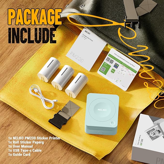 Nelko Sticker Printer, PM230 Print Pod Mini Bluetooth Portabel Sticker Maker with 3 Rolls Paper, Print Pods with Multiple Templates for Phone & Tablet, Smart AI APP Family, Green