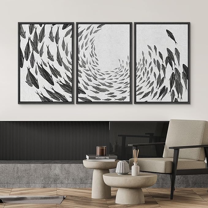 SIGNWIN Framed Canvas Print Wall Art Swirling School of Fish Abstract Shapes Illustrations Modern Art Minimalist Relax/Calm Black and White for Living Room, Bedroom, Office - 16"x24"x3 Black