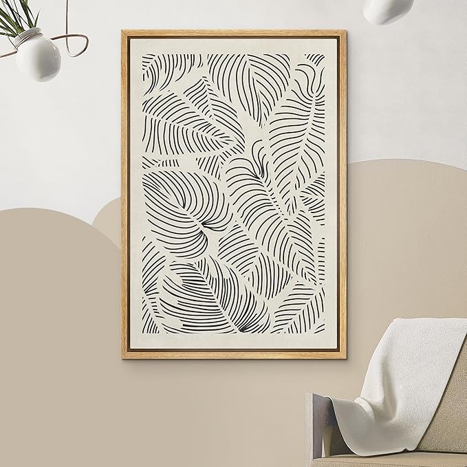 IDEA4WALL Framed Canvas Print Wall Art Hawaiian Black & White Tropical Island Leaf Print Abstract Shapes Illustrations Modern Art Decorative Minimalist Multicolor for Bedroom - 16"x24" Natural