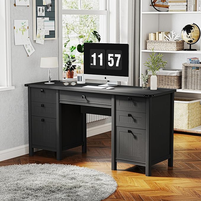 Farmhouse Executive Desk with Drawers - 62" W Farmhouse Computer Desk with Power Outlets & USB Charging, Heavy Duty Storage Desk for Home Office & Study.Black