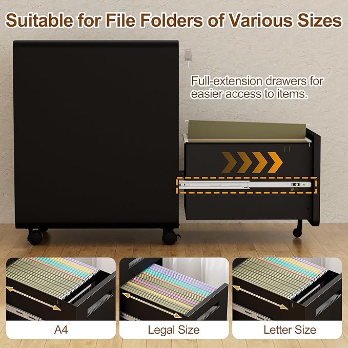 3 Drawers Slim File Cabinet, Mobile Filing Cabinet with Lock, Steel, Fully Assembled Except Casters, for Home Office, for A4, Letter, Legal File Folders, Black