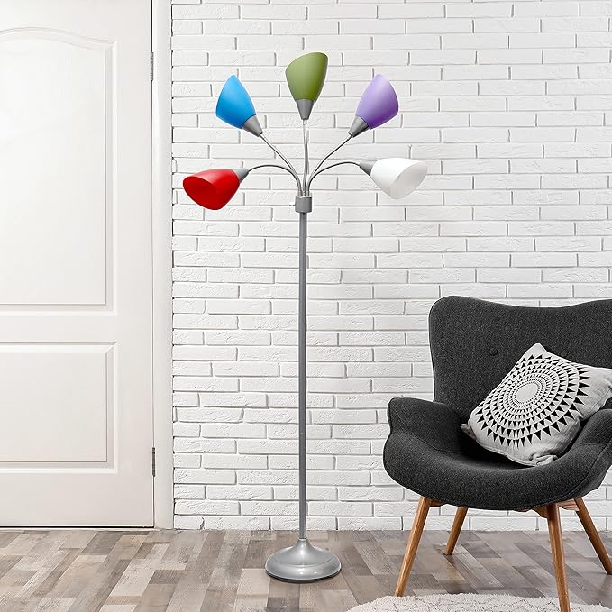 Simple Designs LF2006-SDM 67" Contemporary Multi Head Medusa 5 Light Adjustable Gooseneck Silver Floor Lamp with Primary Dark Multicolored Shades for Kids Bedroom Playroom Living Room Office