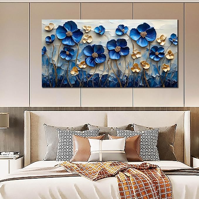 SIXTTART Blue Flower Living Room Pictures Wall Decor - Gold Flower Canvas Wall Art for Bedroom - Modern Large Wall Art for Office Size 29" x 59"