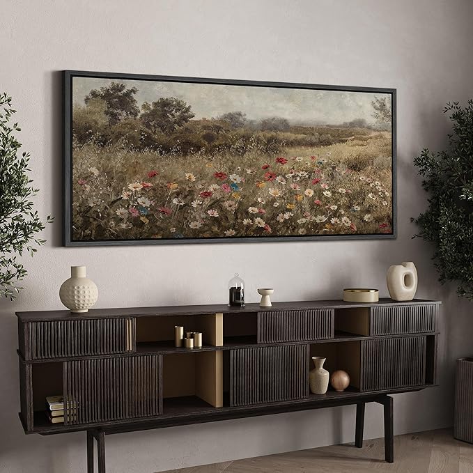 SIGNFORD Extra Large Framed Canvas Wildflower Meadow in Soft Fog Vintage Nature Illustrations Modern Art Calm Warm for Living Room, Bedroom, Office - 60"x30"