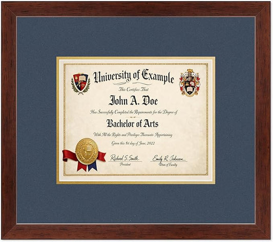 CountryArtHouse Diploma Frame Fits 10 x 8 Professional License - Keepsake Graduation Display Rustic Walnut Genuine Hardwood with Navy Blue Over Metallic Gold Double mat