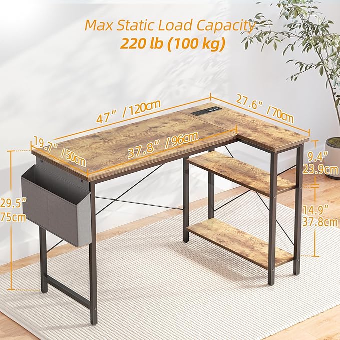 TIQLAB L Shaped Computer Desk with Power Outlets, 47 Inch Small Corner Desk with Reversible Shelves, Gaming Desk Computer Table Study Writing Desk for Home Office Small Space, Rustic Brown