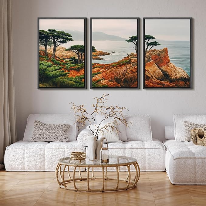 SIGNFORD Framed Wall Art Print Set Coastal Cypress and Rocky Shoreline Scenic Landscape Digital Art Modern Art Contemporary for Living Room, Bedroom, Office - 16"x24"x3 Black