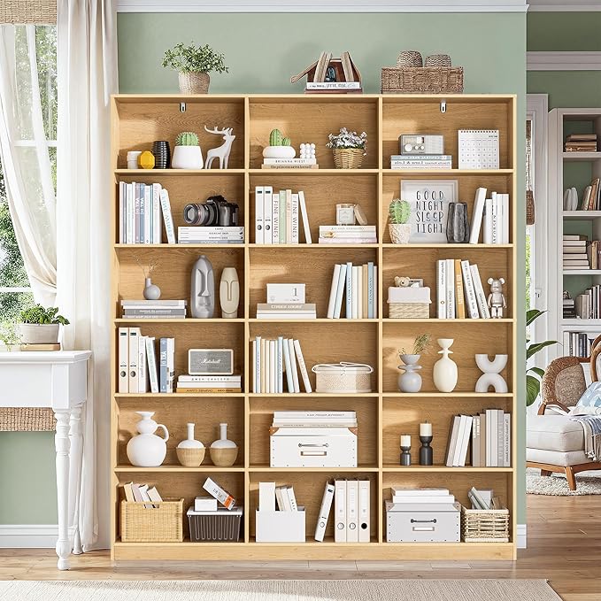 Natural Bookcase with Open Display Shelves, Large Triple Wide Bookshelf, 71.6” Tall 6 Tier Book Case for Living Room, Home Office, Library Bookshelf 2PCS