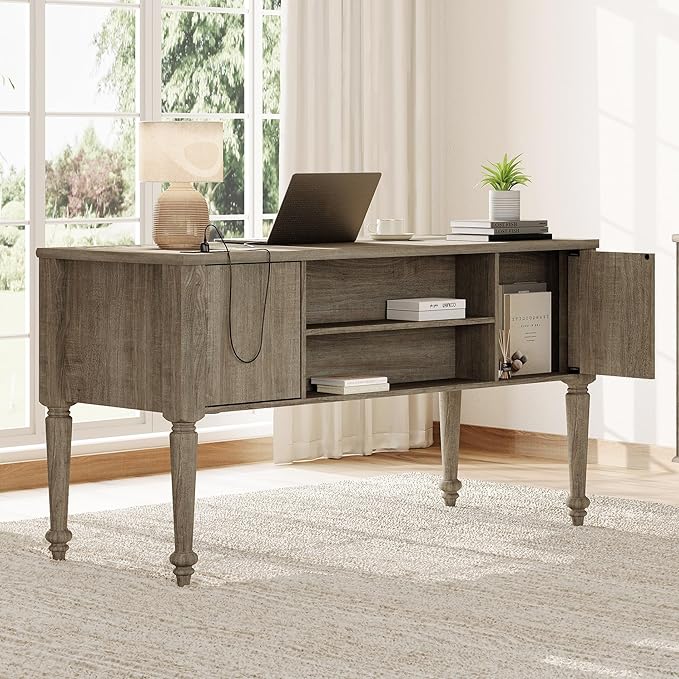 WAMAPT Farmhouse Executive Desk with 5 Drawers, Home Office Desk with Charging Station, Wood Computer Desk with File Cabinet Storage, Door, Open Shelf for Work and Study, Wash Grey, 55 inch