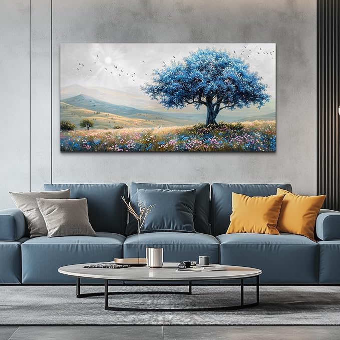 KELIYUAN Large Farmhouse Wall Art For Living Room Canvas Wall Decor For Office Bedroom Hotel room Field Scenery Wall Painting Blue Trees Picture Modern Home Decoration Artwork Ready To Hang 24x48In