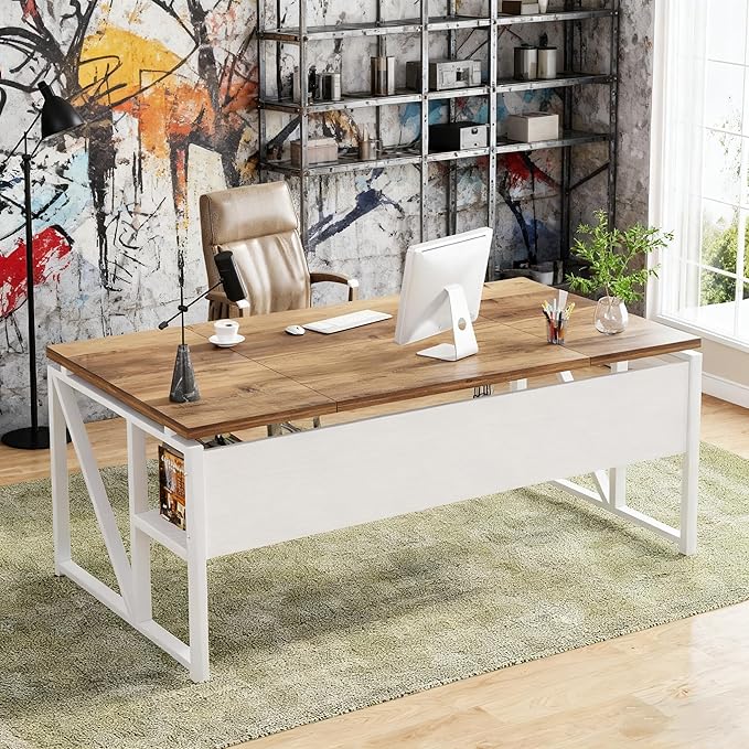 Tribesigns 63 inches Computer Desk with Bottom Storage Shelf Home Office Desk Writing Table for Workstation,Dark Walnut + Steel Leg， Cabinet not Included (Light Walnut, 63-inch-with Shelf)