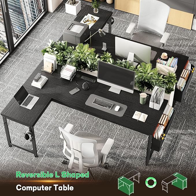 63" L Shaped Desk with Power Outlets and USB-C Port, Reversible Computer Desk, Larger Office Corner Gaming Desk with LED, 0.95" Thicker Desktop, Metal Frame, for Home Office, Study, Black