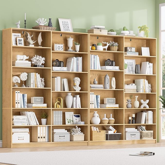 12 Open Storage Bookcase, Natural Bookshelf, Freestanding Display Storage Shelves, Double Wide Bookshelves, 70.8” Tall Book Case 2 PCS Home Library Bookcase for Living Room Bedroom Office