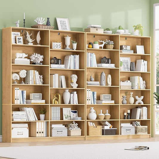 12 Open Storage Bookcase, Natural Bookshelf, Freestanding Display Storage Shelves, Double Wide Bookshelves, 70.8” Tall Book Case 2 PCS Home Library Bookcase for Living Room Bedroom Office