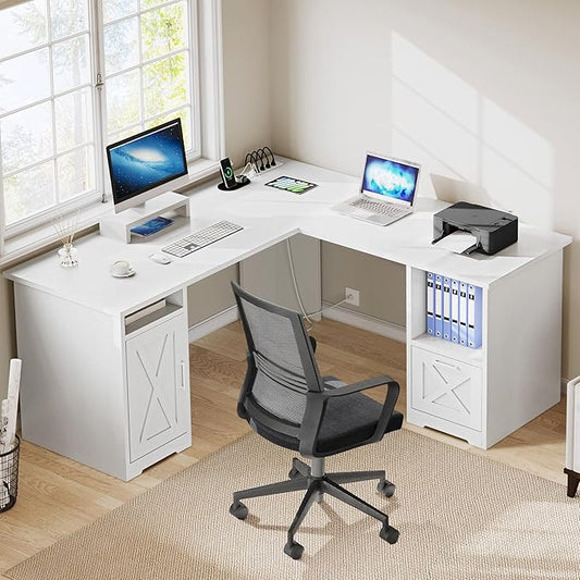 DWVO L Shaped Desk with File Drawer, 60" Corner Computer Desk with Power Outlets, Home Office Desk with Monitor Stand & Storage Shelves & File Cabinet, White
