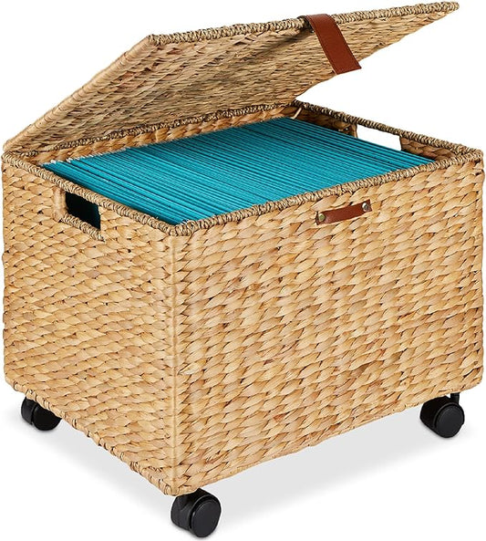 Best Choice Products Handwoven Water Hyacinth Rolling Filing Cabinet, Mobile File Organizer for Hanging Folders W/Lid and Locking Wheels For Home or Office – Natural