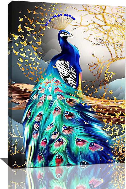yerretin Peacock Wall Art Peacock Golden Tree Pictures Wall Decor Bird Canvas Painting Modern Decoration Artwork for Bathroom Living Room Bedroom Office Framed 16"x24"