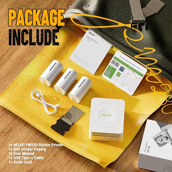 Nelko Sticker Printer, PM230 Print Pod Mini Bluetooth Portabel Sticker Maker with 3 Rolls Paper, Print Pods with Multiple Templates for Phone & Tablet, Smart AI APP Family, White