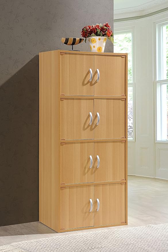 Hodedah 4-Shelf, 8-Door Bookcase Cabinet in Beech