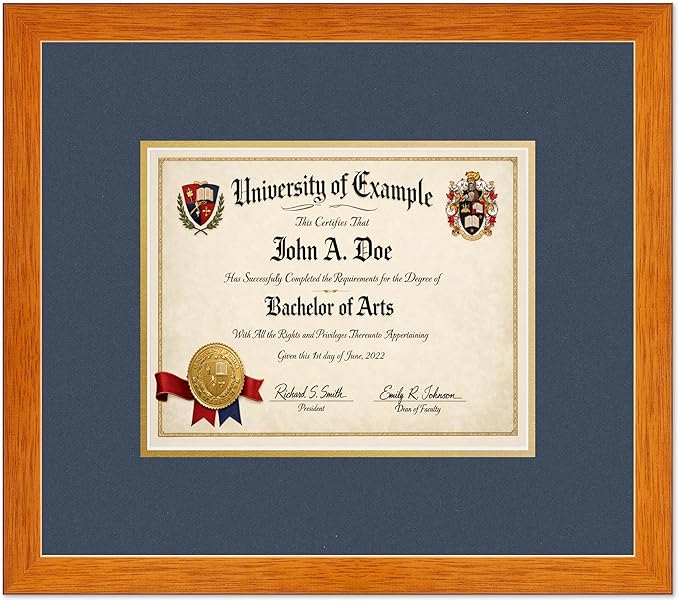 CountryArtHouse Diploma Frame Fits 10 x 8 Professional License - Keepsake Graduation Display Honey Oak Genuine Hardwood with Navy Blue Over Metallic Gold Double mat