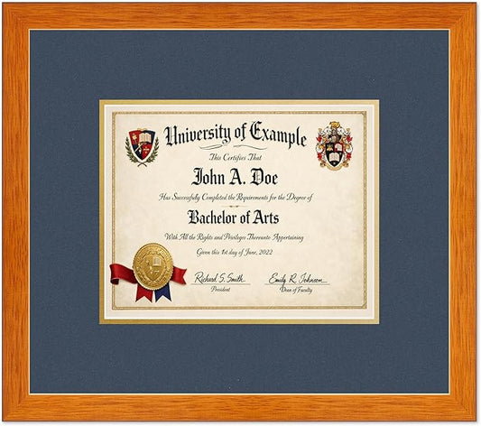 CountryArtHouse Diploma Frame Fits 10 x 8 Professional License - Keepsake Graduation Display Honey Oak Genuine Hardwood with Navy Blue Over Metallic Gold Double mat