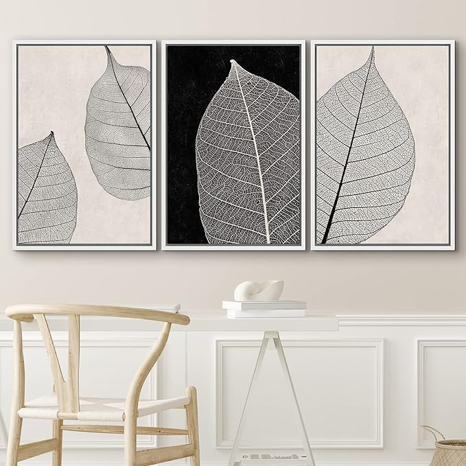 IDEA4WALL Framed Canvas Print Wall Art Set Tan Black Forest Plant Leaf Close Up Details Abstract Shapes Illustrations Modern Art Decorative Nordic for Living Room, Bedroom, Office - 16"x24"x3 White