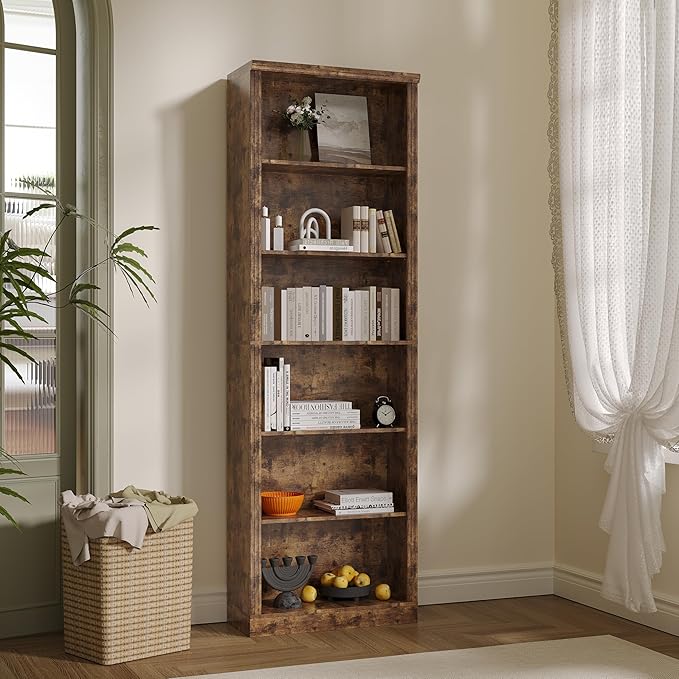 Tall Bookshelf, 6-Tier Bookcase with 2 Adjustable Shelves, Modern Farmhouse Storage for Living Room, Entryway, Office, 23.6" W x 74.8" H x 10.6" D, Brown