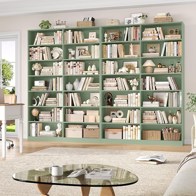 FACBOTALL 83.6" Tall Bookshelf and Bookcase, 7-Tier Extra Large Bookshelf with Double Storage, 14 Open Display Shelves for Home Office, Study and Living Room, Green