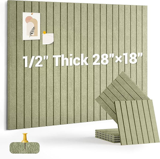 1/2" Thick Cork Board for Office, 6 Pack Felt Wall Tiles -28"x18" with Safe Adhesive Tabs, Large Bulletin Board, Push Pin Board Organizer Wall - Sage Green