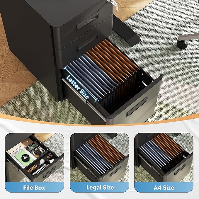 DEVAISE 3 Drawer Mobile File Cabinet with Lock, Under Desk Metal Filing Cabinet for Home Office Fits Legal/Letter/A4 Size, Fully Assembled Except Casters, Black