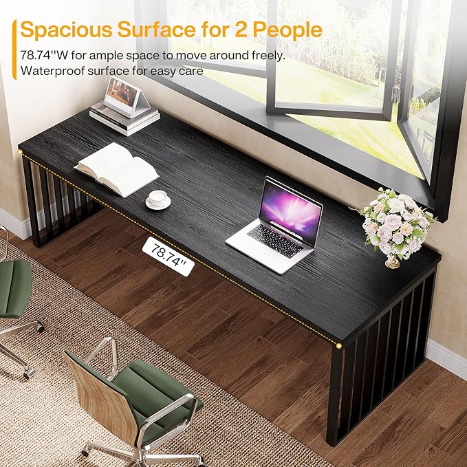 Tribesigns 78" Computer Desk, Extra Long 2-Person Desk with Metal Legs, Double Writing Table with Spacious Space, Industrial Wooden Office Desk, Large Study Desk Workstation for Home Office (Black)