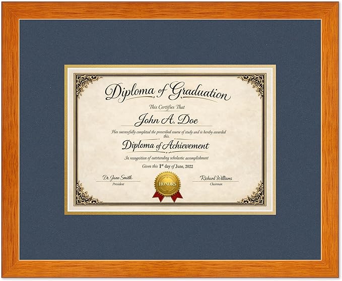 Diploma Frame Honey Oak with Navy Blue Over Gold Double Mat - Fits 11.69 x 8.27 A4 Certificate Wall Display Made in the USA