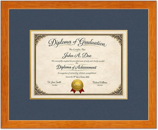Diploma Frame Honey Oak with Navy Blue Over Gold Double Mat - Fits 11.69 x 8.27 A4 Certificate Wall Display Made in the USA